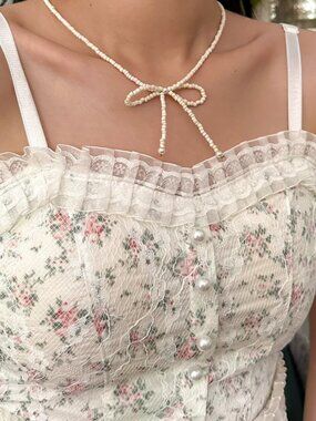 NEW Darling Sweet and Girly White Seed Bead Bow Necklace